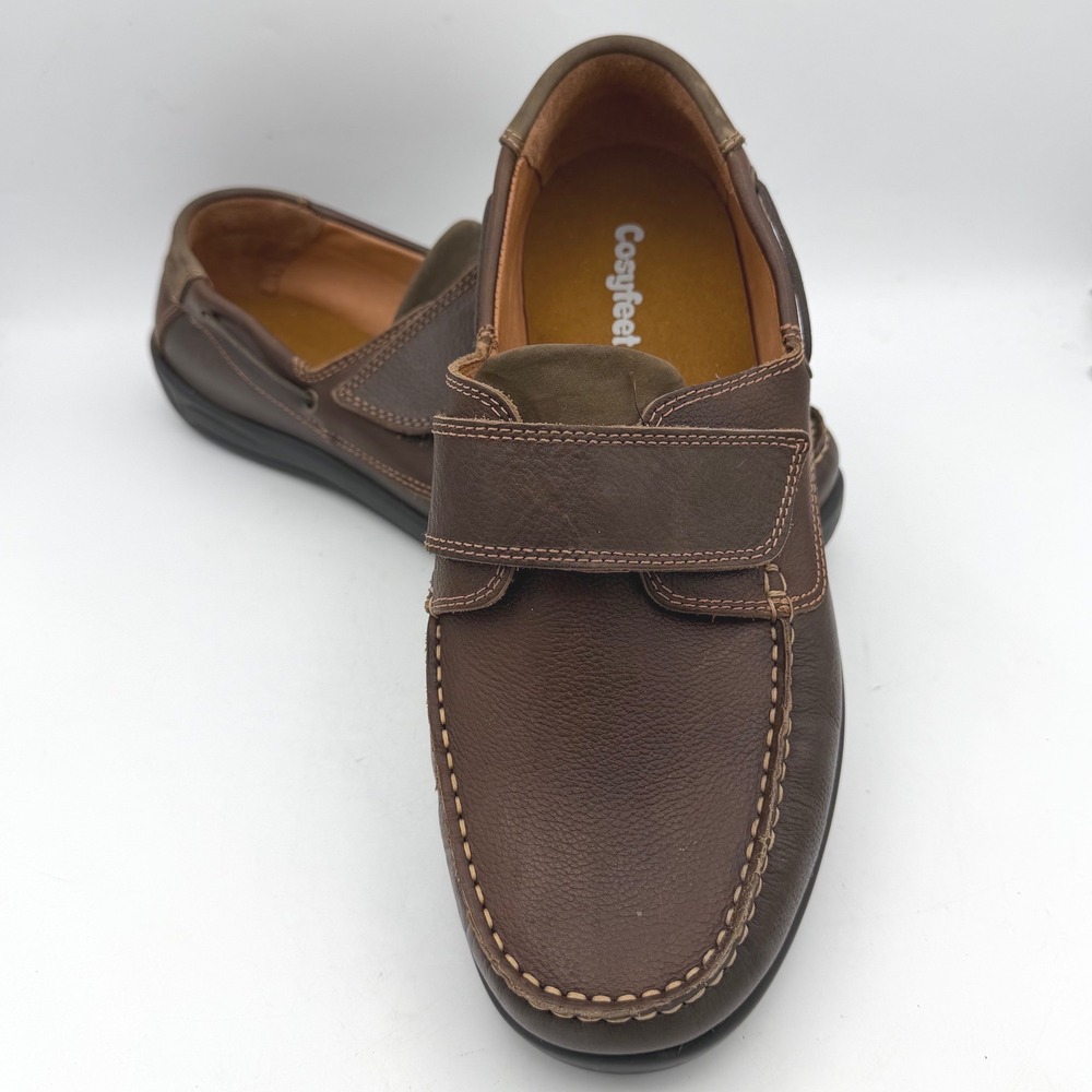 Cosyfeet Mens‎ Brown Leather Wide Fit Boat Shoes Hook Loop Loafers Size 7.5